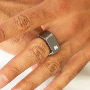 Mens Silver Geometric Ring with Diamond Accent